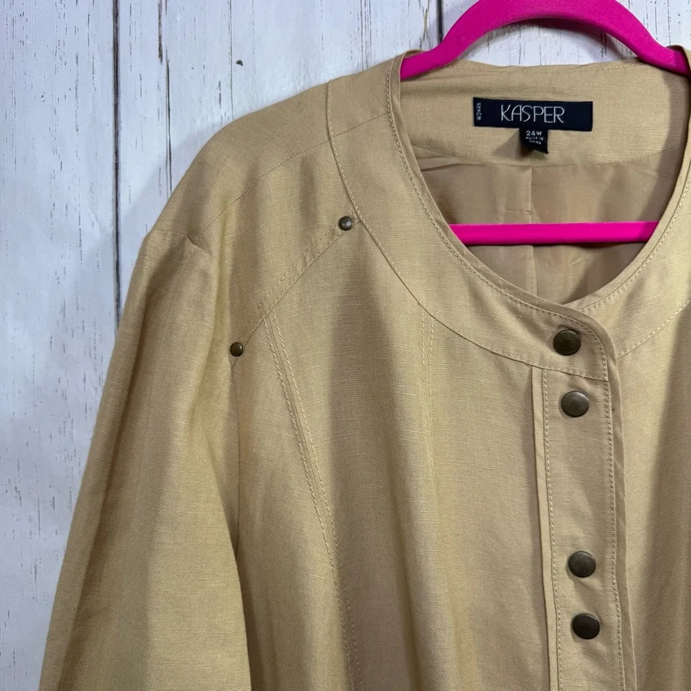 Kasper Linen Blend Blazer 24W Tan Neutral Office Chic Quiet Luxury Lagenlook